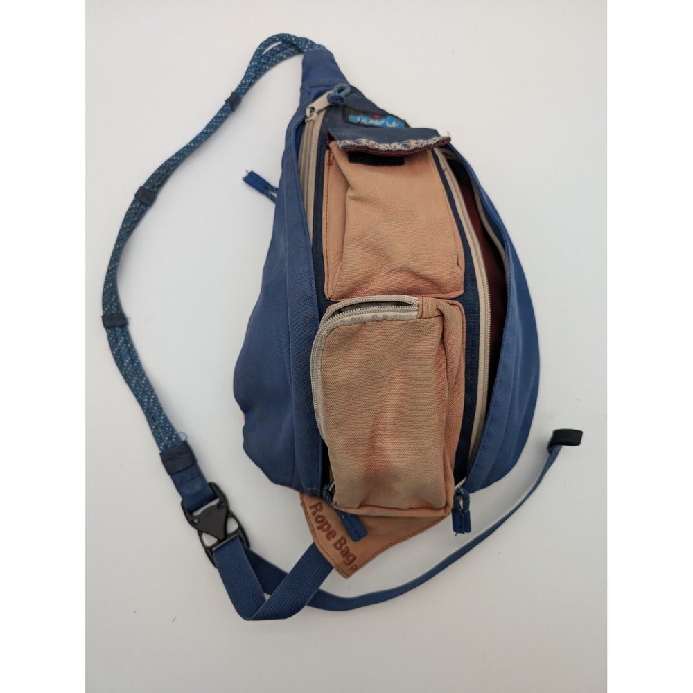 KAVU Faded Rope Bag Canvas Crossbody Sling Backpack Blue Tan Adjustable Strap